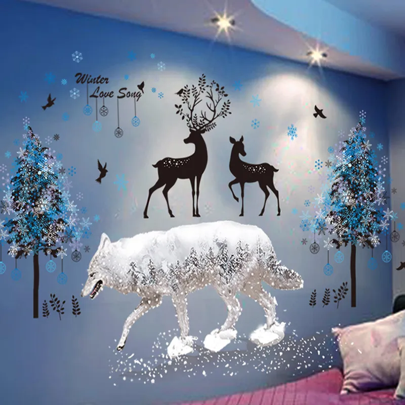 [SHIJUEHEZI] снежинки деревья олень волк наклейки на стену ПВХ DIY животные настенные наклейки для гостиной Дети Спальня украшение дома