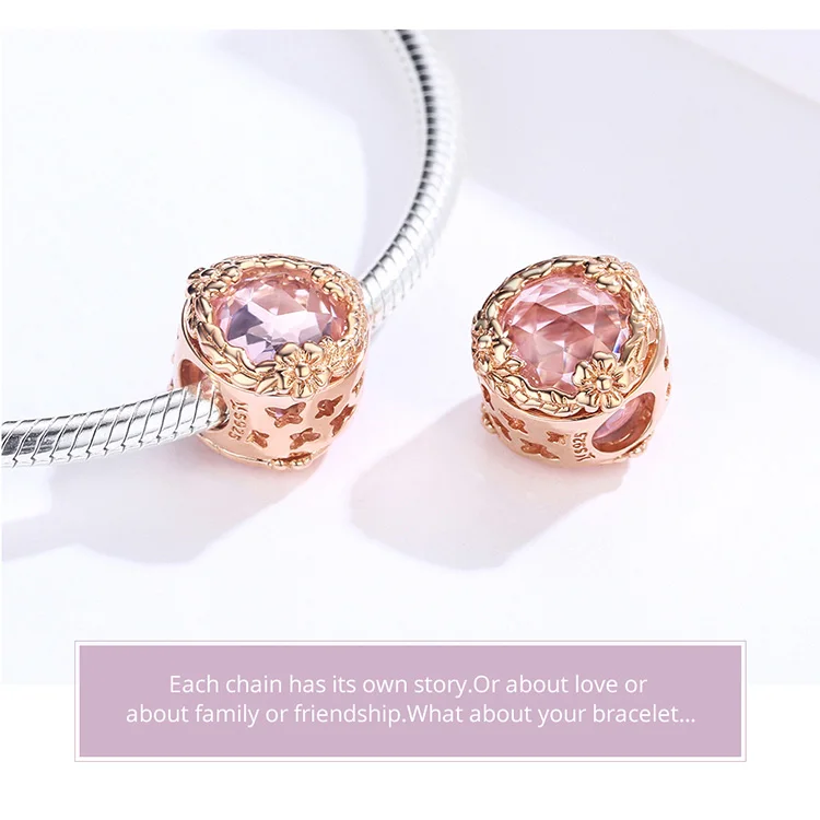 BISAER Аутентичные 925 пробы, серебро, розовое золото, прозрачный розовый кристалл, круглые бусины для женщин, сделай сам, браслет, ожерелье GXC1258
