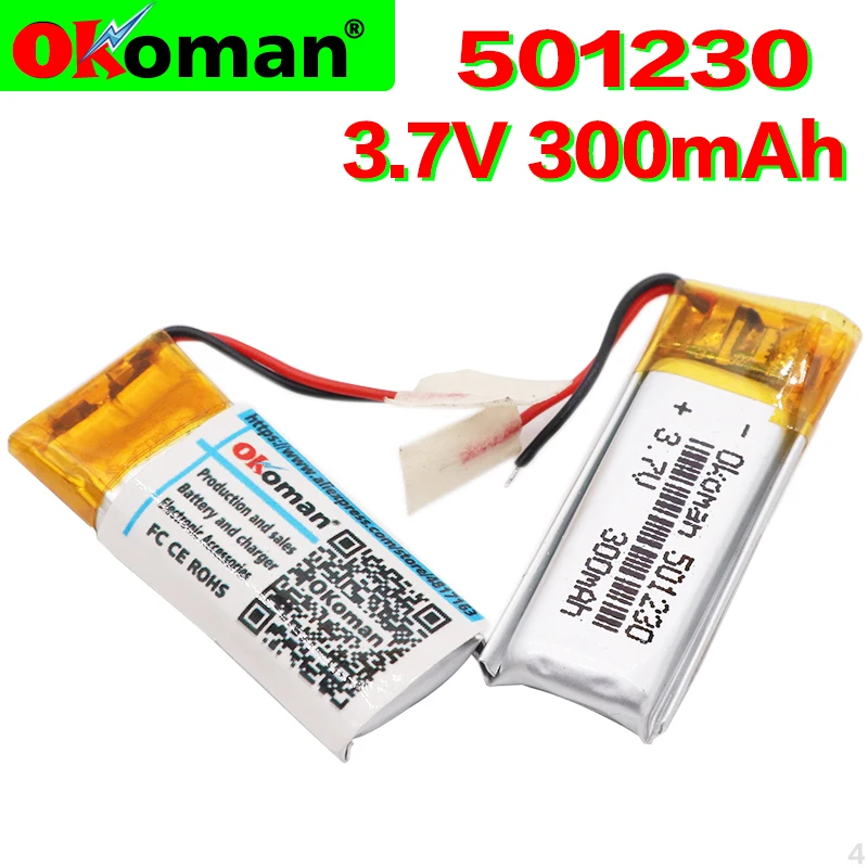 

High capacity 300mAh 3.7V 501230 Polymer Li-Po li ion Rechargeable Battery For Bluetooth earphone speaker MP3 MP4 Free shipping