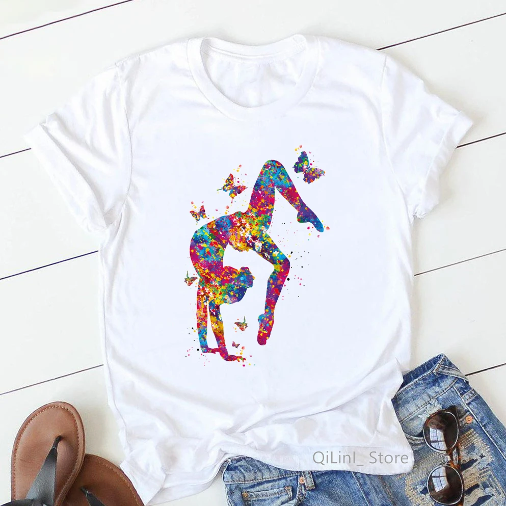 

Watercolor Gymnastics Girl Print T-Shirt Women Dance Sports Lover Birthday Gift Clothes Summer White T Shirt DIY Wholesale