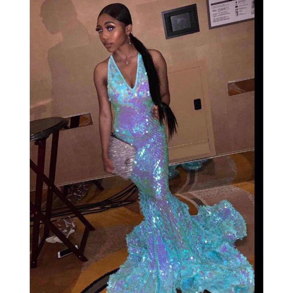 Великолепные синие платья с блестками для выпускного вечера, V образным вырезом, сверкающие платья для выпускного вечера, длинные платья с открытой спиной, robe de soiree CP381