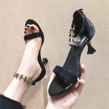 

Med High Heel Sandal For Women Open Toe Sandals Closed Strappy Heels Clear Shoes Suit Female Beige Shallow Mouth 2020 Women's