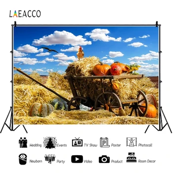 

Laeacco Blue Sky White Clouds Haystack Pumpkin Cart Farm Photography Backgrounds Autumn Portrait Backdrops For Photo Studio Prop
