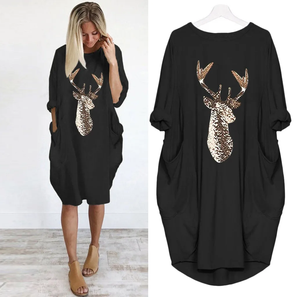 JAYCOSIN ladies dress winter large size round neck long sleeve solid color pocket dress Christmas antler print casual fashion