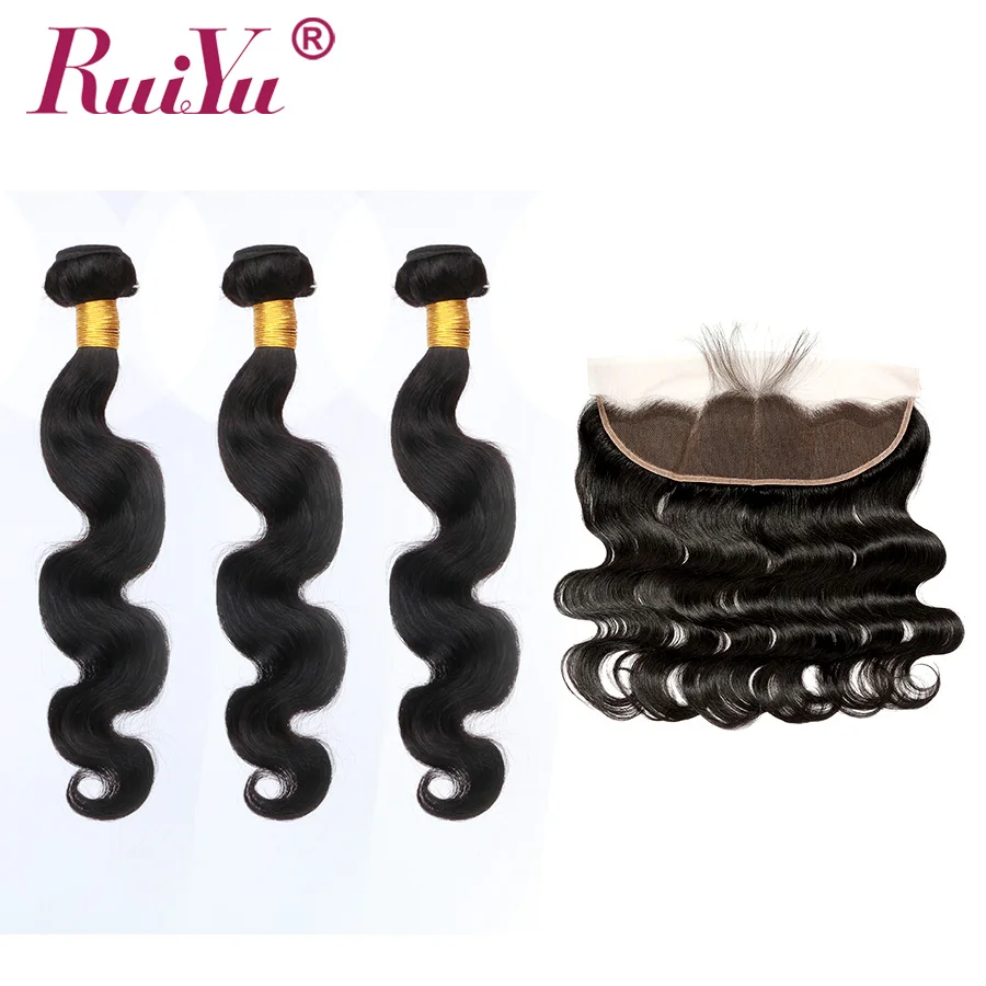 

RUIYU Body Wave Bundles With Frontal Closure Remy Peruvian Human Hair Bundles With Closure 3 Bundles With Lace Frontal 13*4