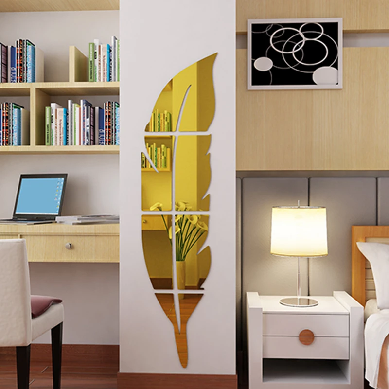 

3 Sizes Feather Mirror Acrylic Wall Sticker For Pillar Hallway Simple Sliver Golden Room Decoration 1pc Wall Stickers Wallpaper