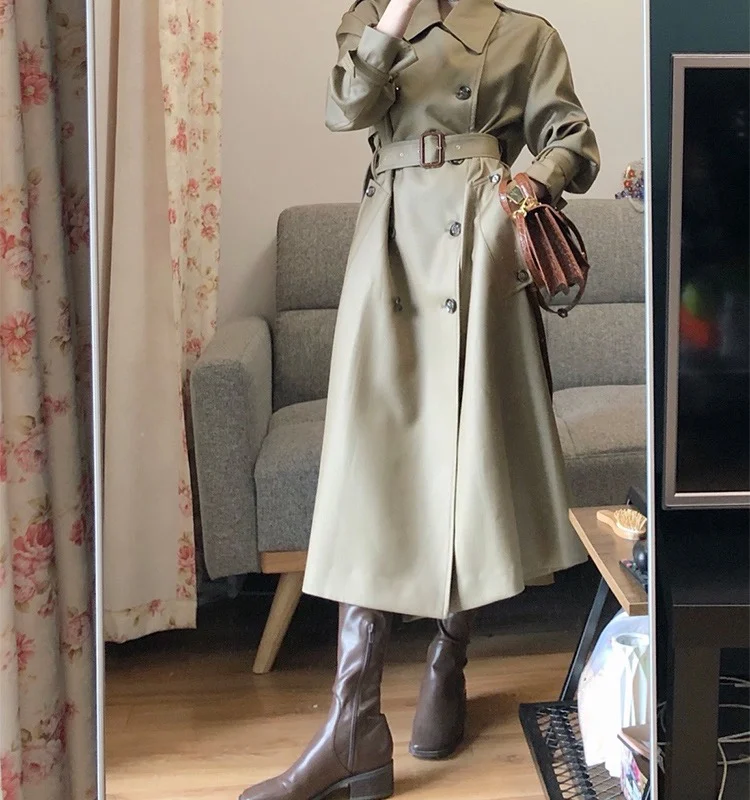 Women Double Breasted Trench Coat Office Lady Notched Collar Full Sleeve Overcoat With Belt Elegant Long Chic Outerwear black parka