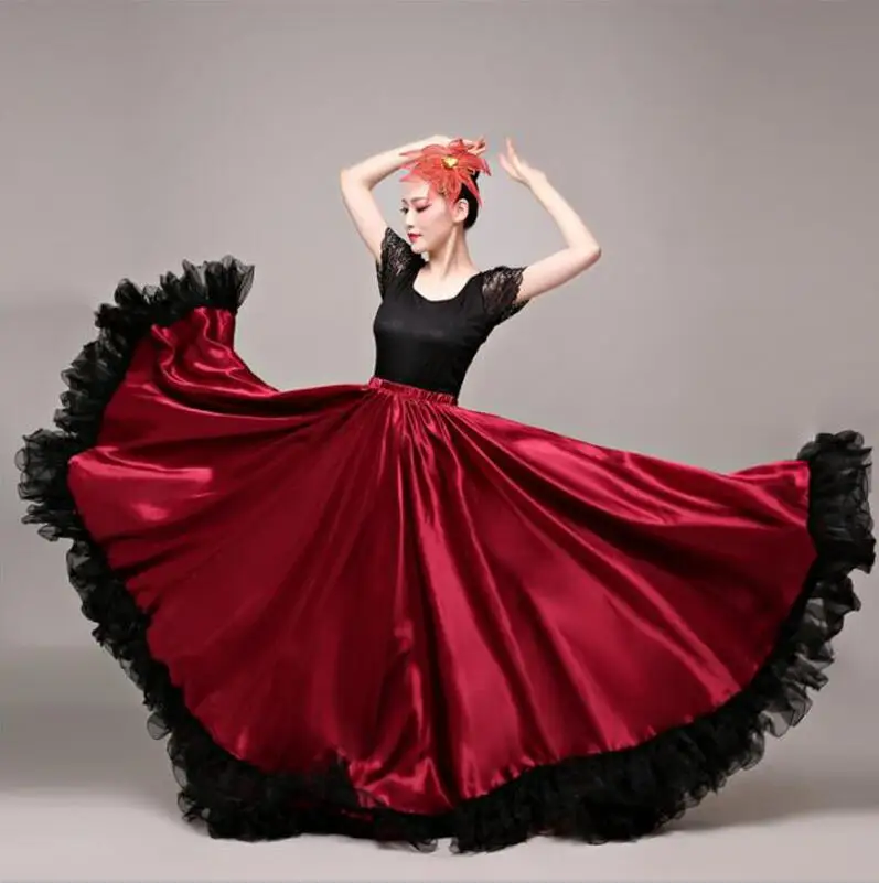 Танцевальная юбка для фламенко, золотой испанский танцевальный костюм для выступлений, женское платье для фламенко, 360-720 градусов размера плюс - Цвет: Wine Red 540 Degree