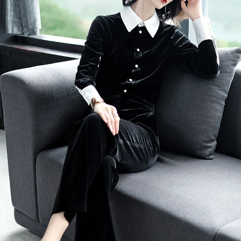 

WOMEN'S Suit 2019 New Style Autumn Fashion Peter Pan Collar Long Sleeve Elegant Casual Velvet Two-Piece Set