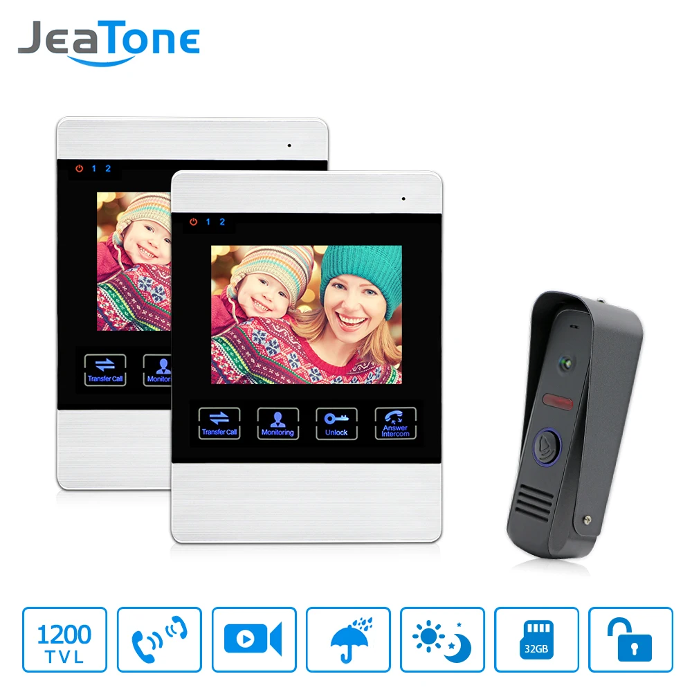 

JeaTone 4" HD Color Monitor 1200TVL High Resolution Video Record Door Phone Door Bell Intercom System Night Vision Speakerphone
