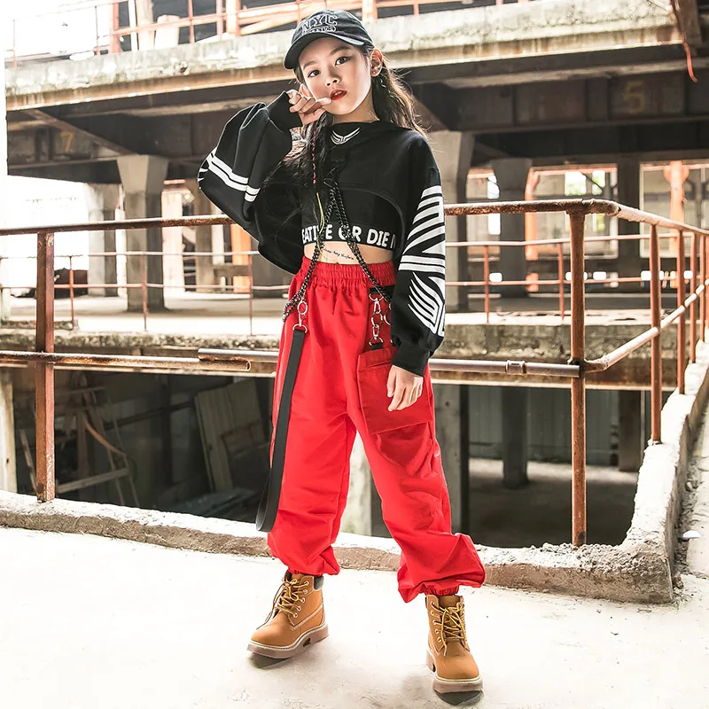Hip Hop Clothing Girls Jazz Dance Costume Long Sleeve Black Tops Red Cargo Pants Kids Hip Hop Performance Wear Rave Clothes 5049