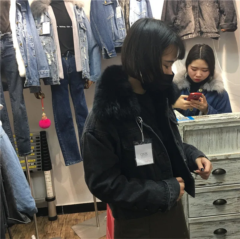 Бархатная Толстая джинсовая куртка, женская зимняя куртка с большим кроличьим меховым воротником, корейское локомотивное пальто из овечьей шерсти, женское студенческое короткое пальто R26