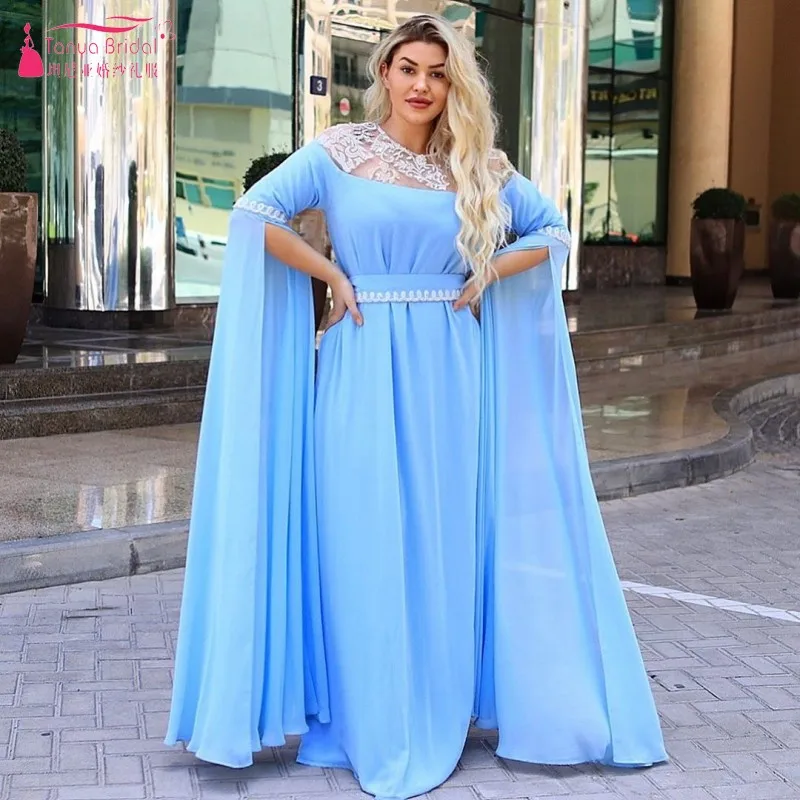 

Long Kaftan Formal Evening Dress Flare Sleeves Chiffon Ligh Blue Caftan Arabic Dubai Evening Gown Customize Dress DQG974