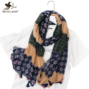 

Marte&Joven Ethnic Floral Printed Multicolor Women Scarf Elegant Patchwork Spring Voile Shawl Wrap Long Tassel Beach Pashmina