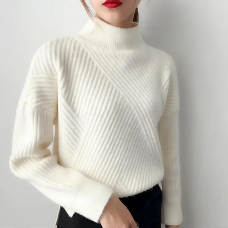Women Winter White Turtleneck Knitted Pullover Sweater Korean Style Thick Pullovers Sweaters Ladies Fall Knit Tops | Женская одежда