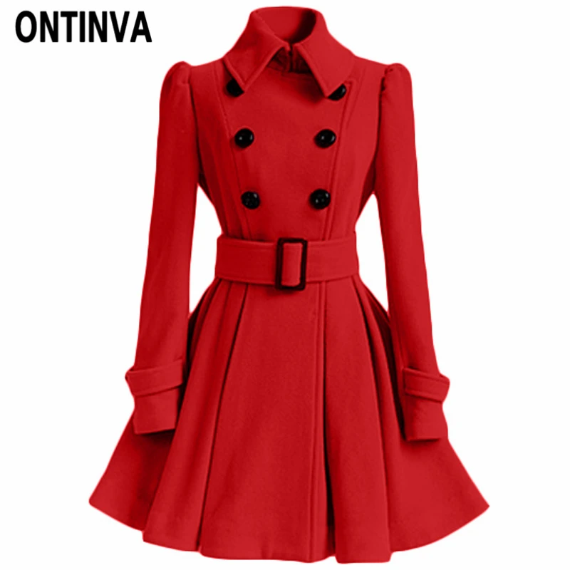 Женское красное шерстяное пальто, зимнее двубортное приталенное пальто с поясом, женская модная черная Повседневная Верхняя одежда, винтажное Пальто Peacoat