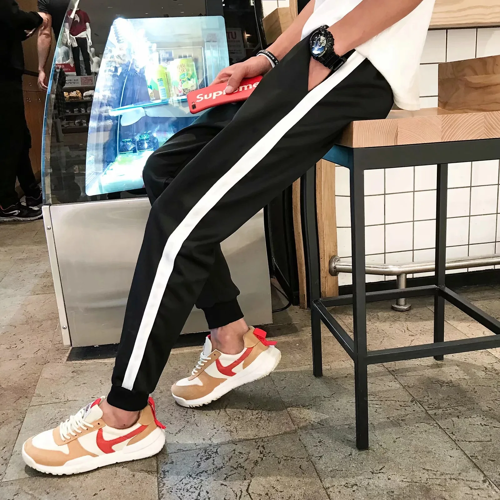 Comfortable Stripes MEN'S Casual Pants Youth Students Slim Thin Skinny Pants Korean-style Youth Sports Long Pants photo