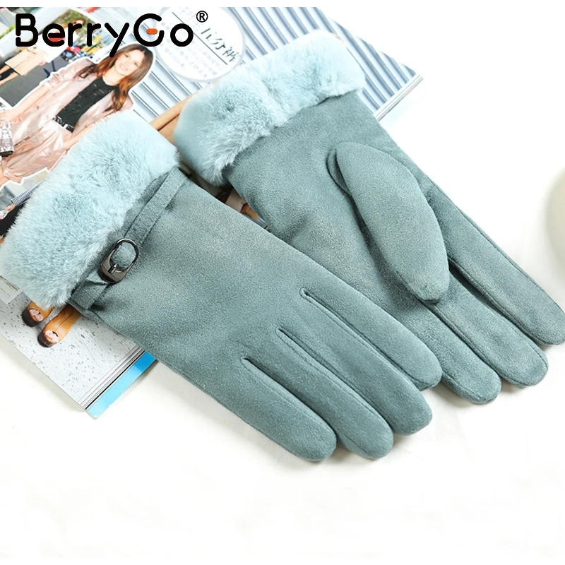 Светло-голубой BerryGo модные толстые полный палец Зимние перчатки женские уличные перчатки для вождения женские перчатки варежки замшевые ветрозащитные женские теплые меховые перчатки - Цвет: Светло-голубой