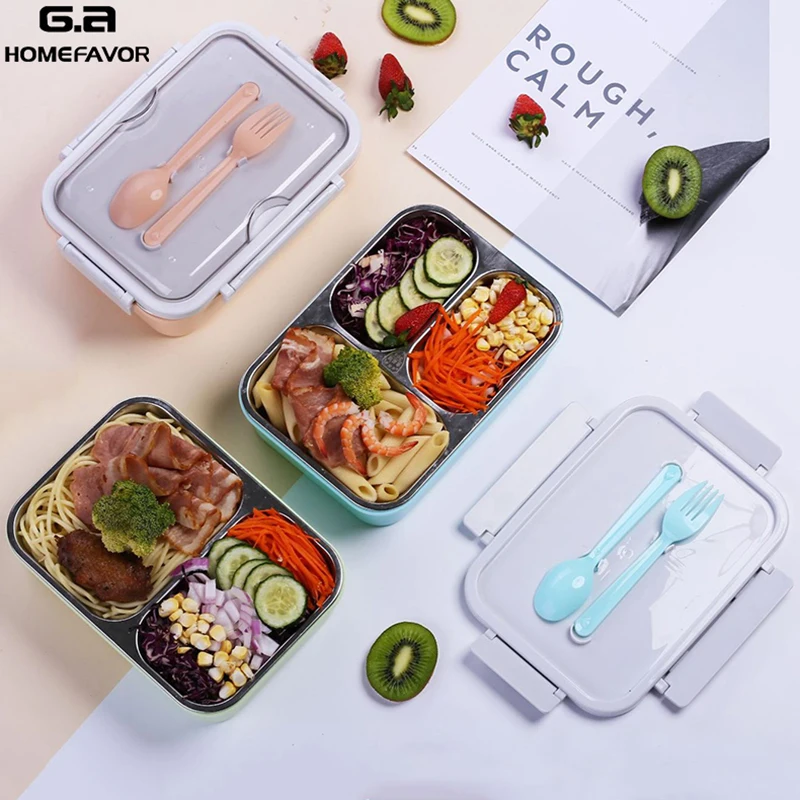 

Lunch Box Food Container Children School Bento Snack Box With 2 Dividers 304 Stainless Steel Storage Box Bin With Fork And Spoon