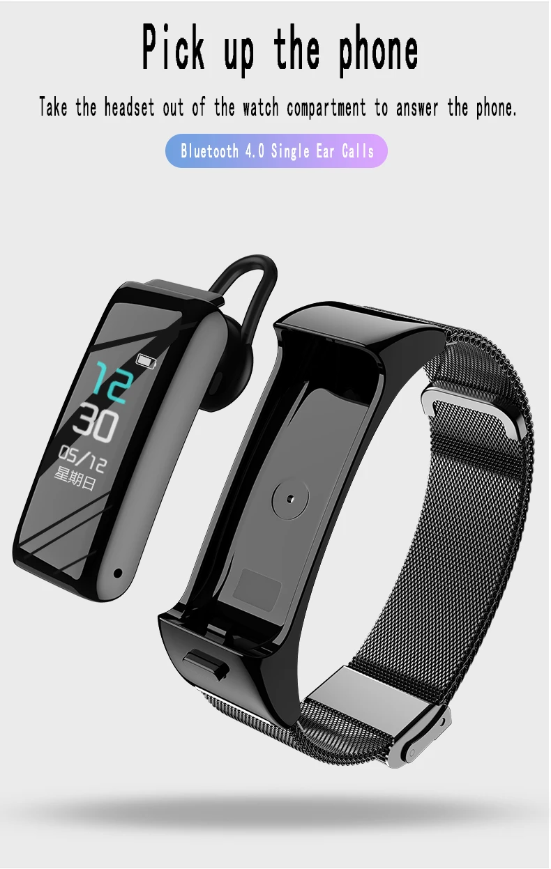 B6 Bluetooth earphone smart headset watch with microphone Smart Bracelet Waterproof touch screen Watch Band Alarm Clock