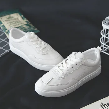 

New Spring Lace-up White Shoes Woman Pu Leather Solid Color Female Casual Women Sneakers