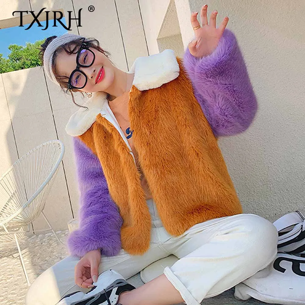 

TXJRH Stylish Contrast Color Faux Fox Fur Hairy Shaggy Outwear Winter Keep Warm Turn-down Collar Sweet Women Jacket Coat Tops