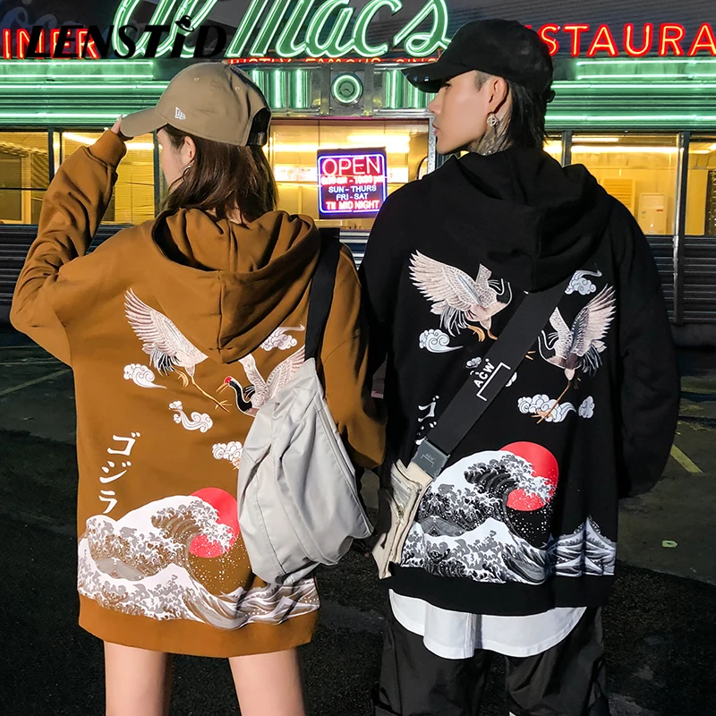 LENSTID осень мужской японский Harajuku вышивка Кран Ukiyo-e Wave пуловер, худи с принтом хип хоп Уличная толстовка с капюшоном