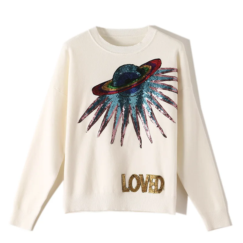 HLBCBG Warms way Autumn UFO planet sequins letters knit pullovers female sweater jumper Long Sleeve Loved letter Sweater | Женская
