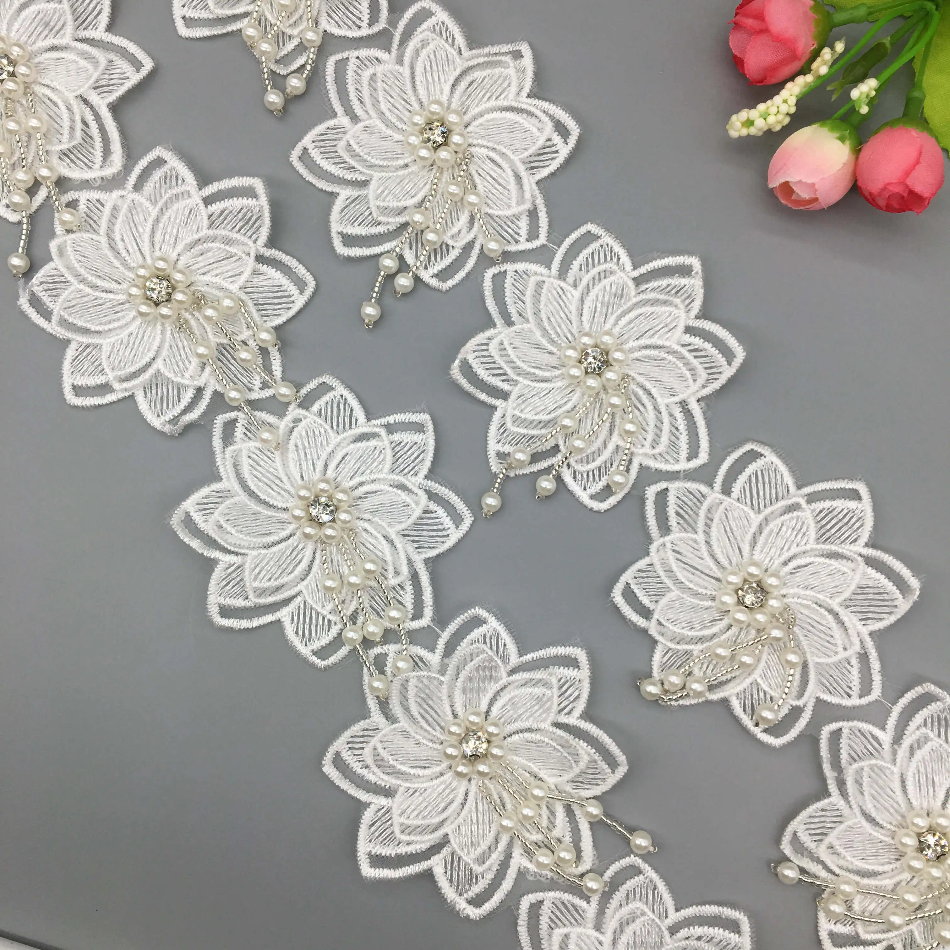 White Pearl Rose Flower Embroidered Lace Trim Ribbon Fabric Sewing Craft For Costume Wedding Dress Decor 7.5CM 10pcs lace ribbon lace fabric lace sewing accessories lace sewing supplies lace accessories lace garment accessories lace decoration clothing craft accessories