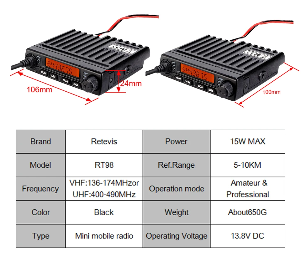 RETEVIS RT98 мини мобильное радио VHF(или UHF) 15 Вт 199 CH Автомобильная рация, радиоприемник с ЖК-дисплеем, автомобильный радиоприемопередатчик с большим радиусом действия