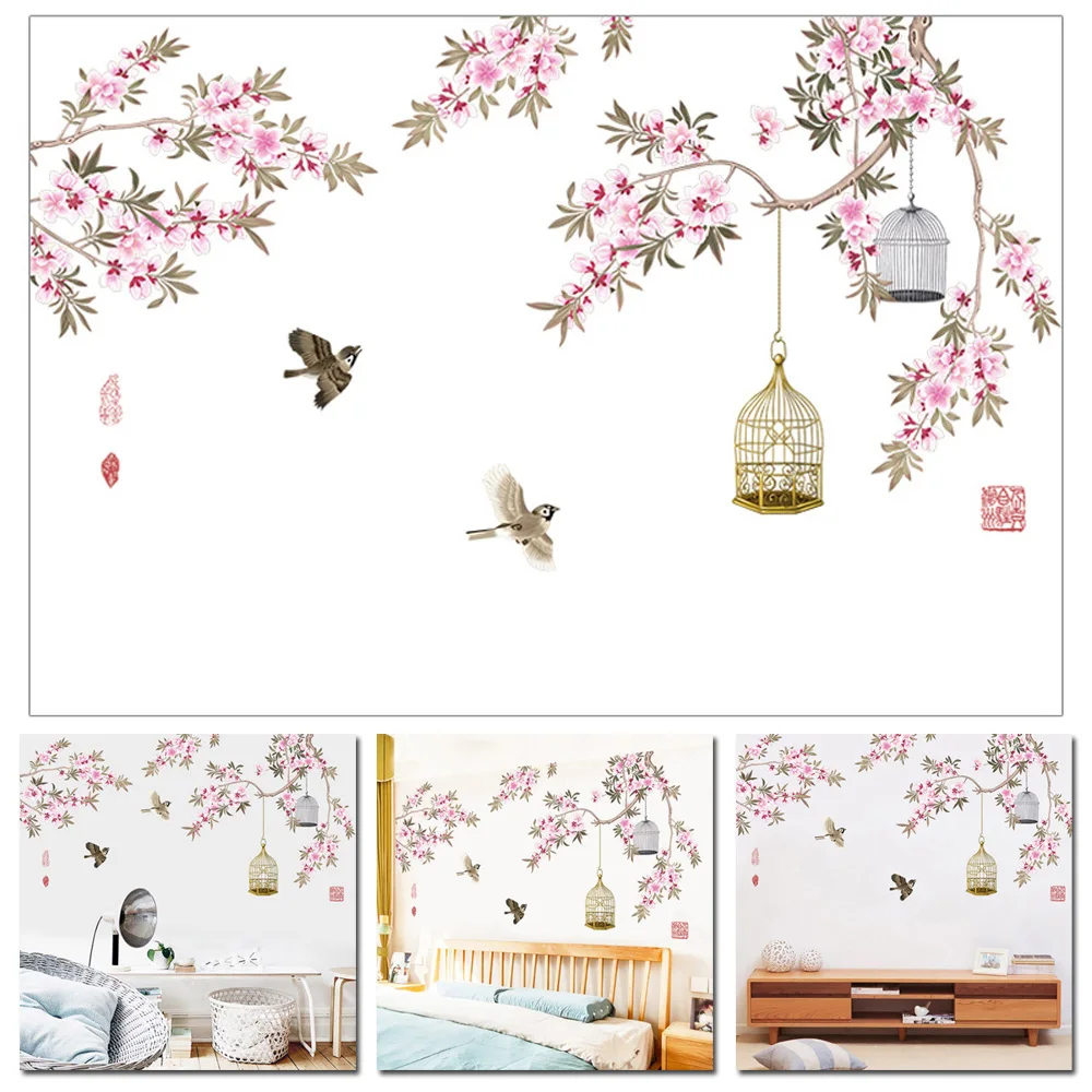 

Decoration Wall Stickers Easy Installation Removable Art Cage Living Room Waterproof Pink Flower Modern