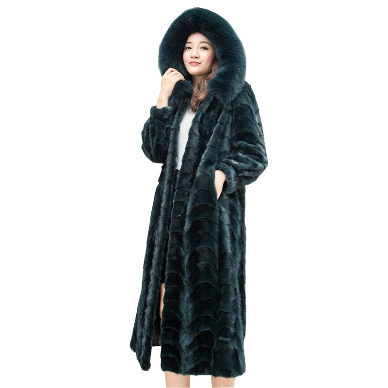 

110CM Genuine Mink Fur Coat Jacket Fox Fur Hoody Winter Women Fur X-Long Outerwear Coats Plus Size 3XL LF9125