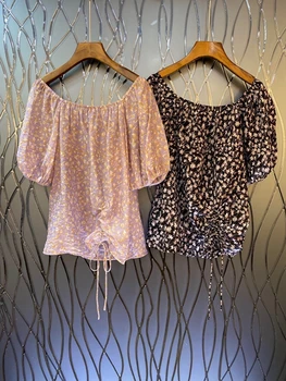

2020 Spring and Summer New Bertha Small Floral Pattern Decorative Drawstring Hem Short Sleeve All-match Top 529