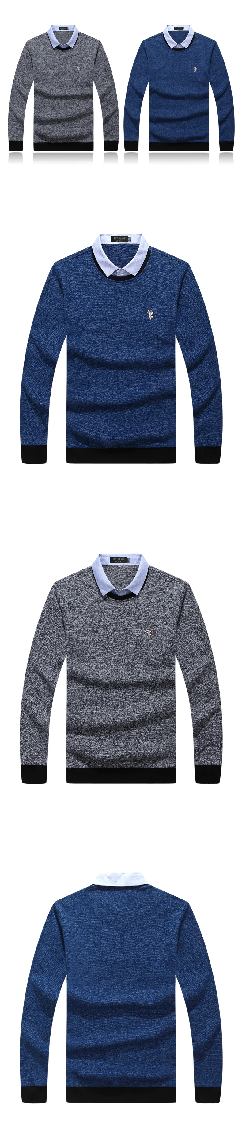 Хлопковый мужской свитер, пуловер с длинным рукавом, мужская рубашка с воротником, поддельные свитера из двух частей, топы, облегающая трикотажная одежда