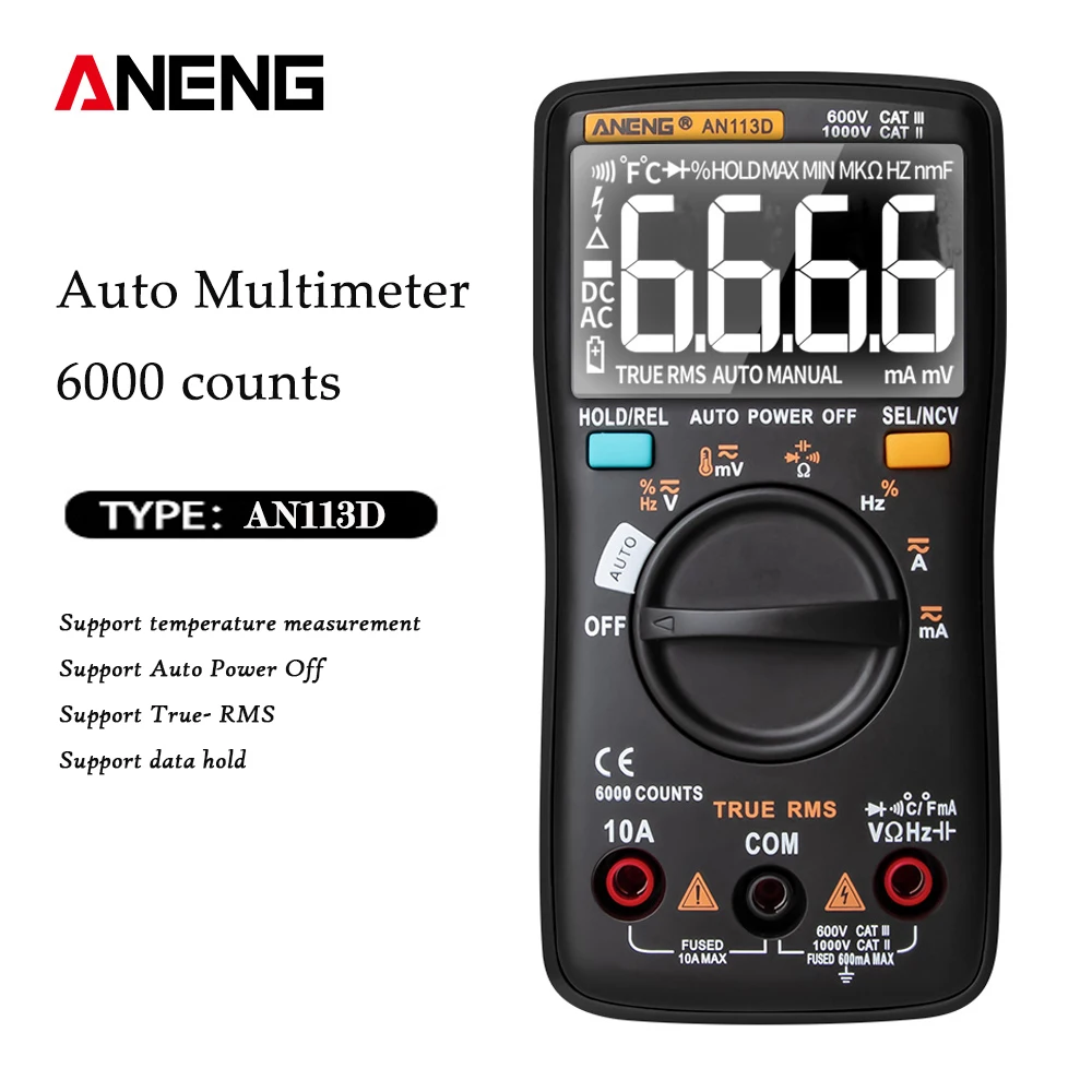 

AN113D Digital Multimeter 6000 Counts Electrical Meter Transistor Tester Temperature Auto Ranging AC/DC Voltage Meter