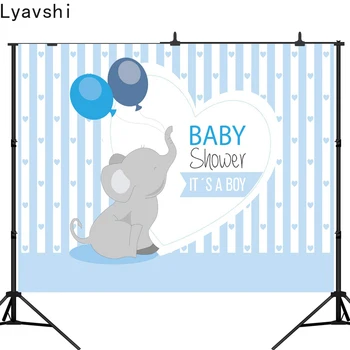 

Lyavshi Light Blue Theme Elephant Baby Shower Photography Backdrop Balloon Heart Boys Happy Birthday Party Backgrounds