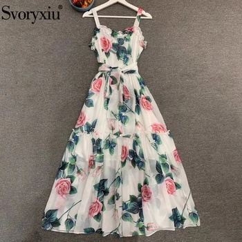 

Svoryxiu Fashion Designer Summer Women Floral Print Vintage Long Dress Ladies Ruffles Backless Vacation Spaghetti Strap Dresses