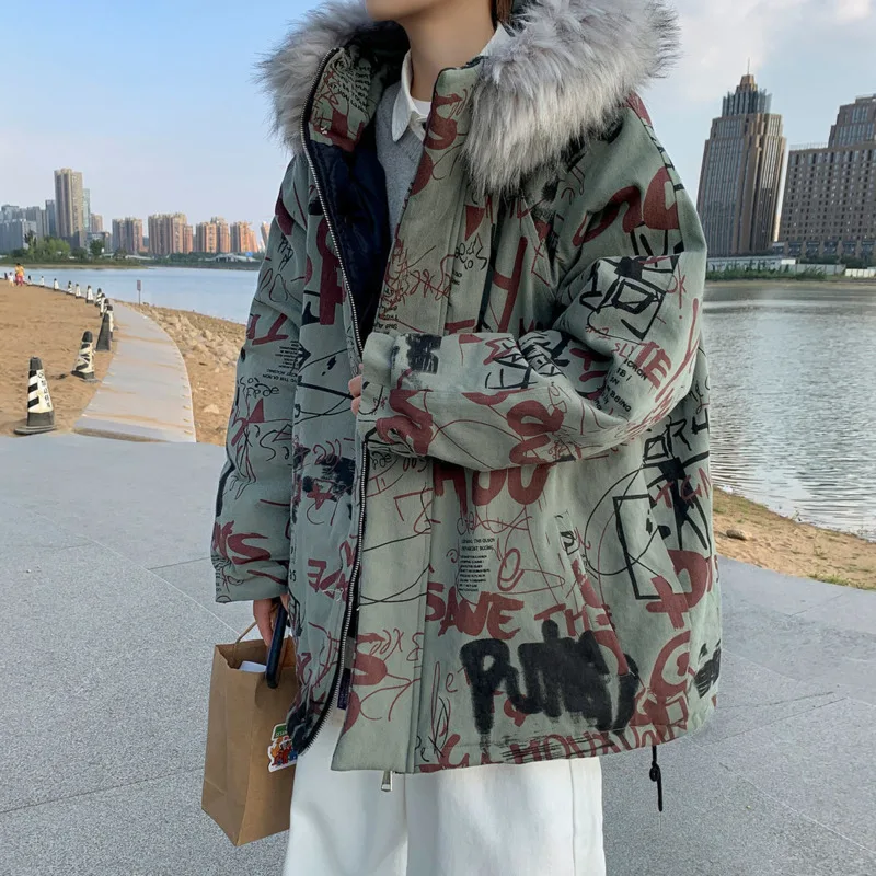 

Winter Thick Graffiti Jacket Men's Parka Warm Fashion Casual Fur Collar Hooded Coat Men Loose Korean Short Coat Mens Clothes