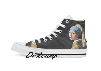 

Vermeer s Girl with a Pearl Earring Custom Casual High Top lace-up Canvas shoes sneakers Drop shipping