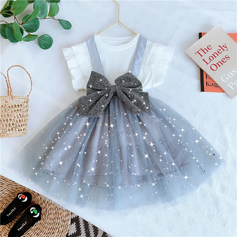 2020 Baby Girl Summer Clothing Set White T-shirt+big Bow Stars Mesh Tutu Dress Girls Kids Princess Vestidos Children Clothes | Детская