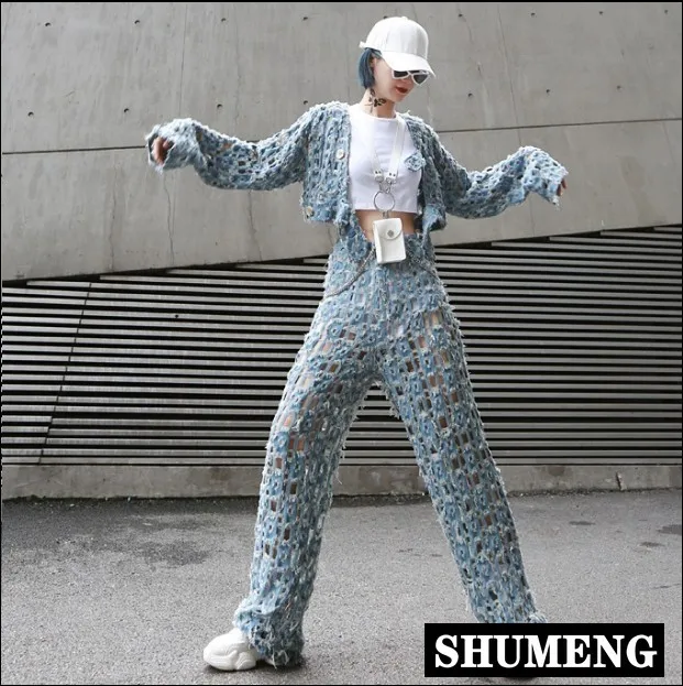 Streetwear Wide Leg Pants for Women High Waist Ripped Hole Denim Trousers Female Personality Jeans Pants Long Trousers