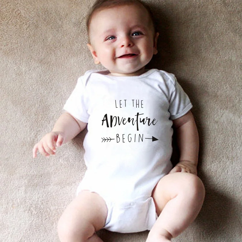 

Newborn Baby Clothes Short Sleeve Jumpsuit Girl Boy Clothing Let The Adventure Begin Design Cotton Rompers Costumes White Top