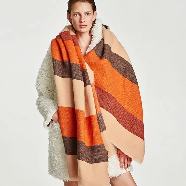 Best For You New Za Home Scarf of 2019 Orange Multi-color Stripe Cashmere-like ScarfWarm Women's Shawl with Autu Best For You New Za Home Scarf of 2019 Orange Multi-color Stripe Cashmere-like ScarfWarm Women's Shawl with Autu
