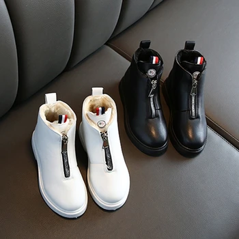 

Winter Russian Kids zipper Pu Shoes Rubber Boots Toddler PU Leather Botas Boys Girls Waterproof Plush Snow Boots Children Boots