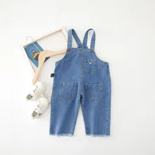 WLG Свободный комбинезон для маленьких мальчиков и девочек детский осенний джинсовый синий однотонный Повседневный Универсальный комбинезон детская одежда