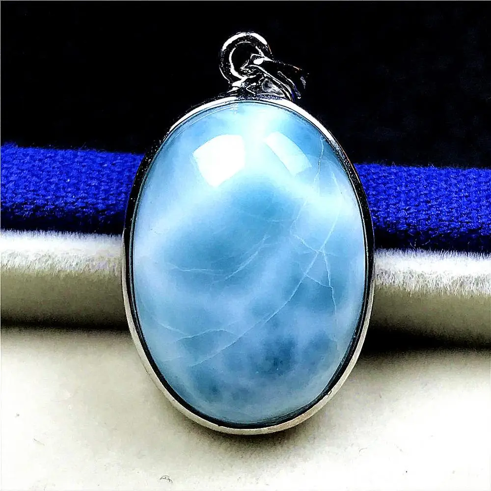 

Top Natural Blue Larimar Pendant For Woman Man Crystal 25x18x8mm Beads 925 Silver Dominica Water Pattern Gemstone Jewelry AAAAAA