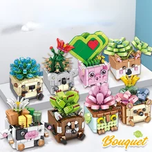 Buquê blocos de construção animal flor planta modelo diy suculento vasos flores montado tijolos presentes da menina das crianças brinquedos