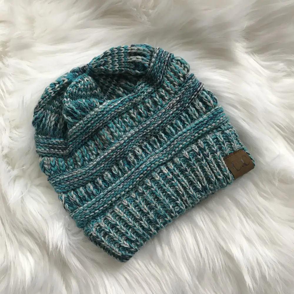 Женская зимняя теплая шапка вязанная из шерсти с верхним средним отверстием, конский хвост, закрытая Элегантная Дамская разноцветная цветная головная повязка - Цвет: Color Mixed 6