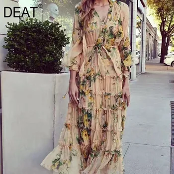 

DEAT Leisure V Neck Mid Calf Dresses Print Pleated Full Sleeve Women Loose Mutil Size Dress With Frenulum 2020 Autumn New TD509