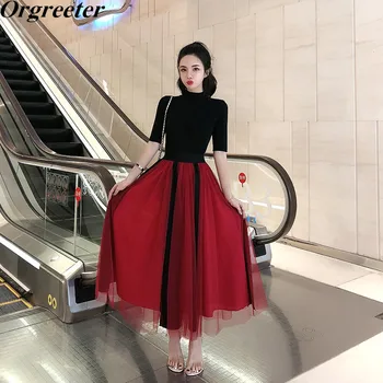 

Fashion New Women Sweater Mesh Skirt Suits 2020 Autumn Half Turtleneck Short Sleeve Black Knitted Top + Elastic Waist Skirt Suit